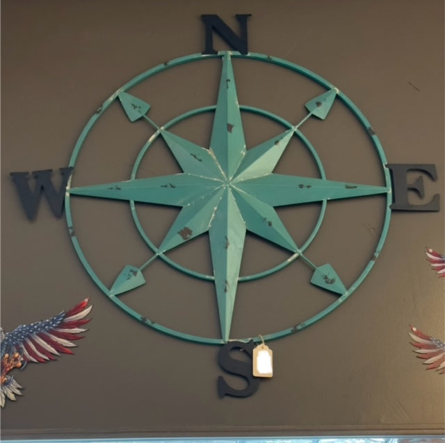 38 inch Farmhouse Antique Blue Metal Compass Wall Decor