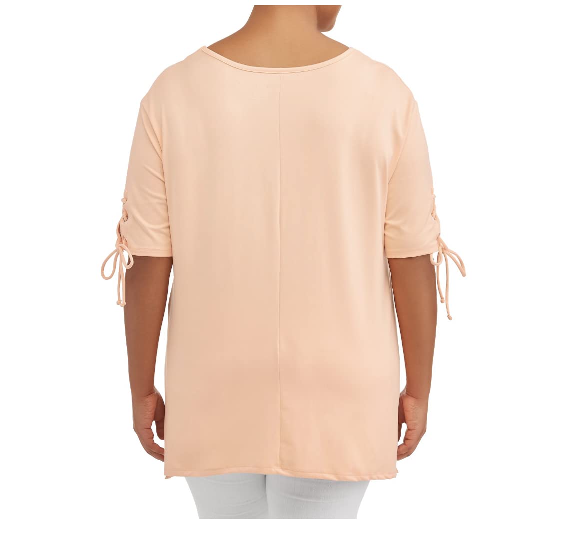 Women's Terra & Sky Apricot Delight Plus Size V-Neck Lace Up Tie Sleeve Top