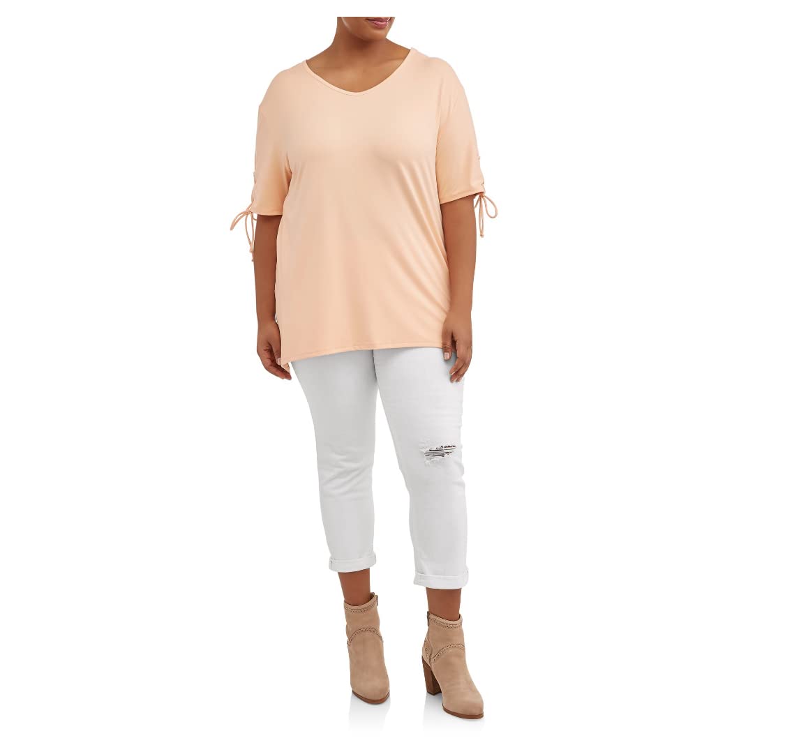 Women's Terra & Sky Apricot Delight Plus Size V-Neck Lace Up Tie Sleeve Top