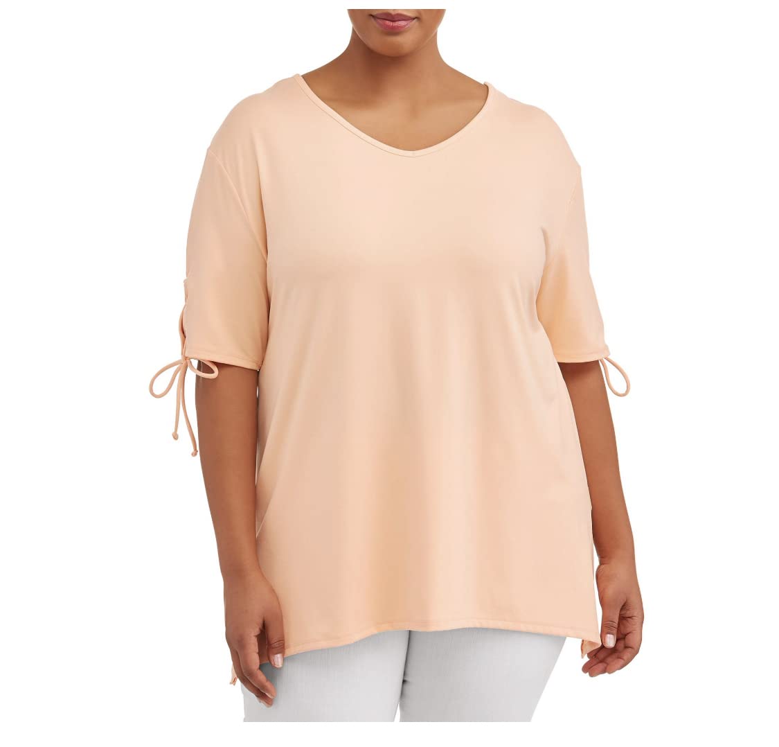 Women's Terra & Sky Apricot Delight Plus Size V-Neck Lace Up Tie Sleeve Top