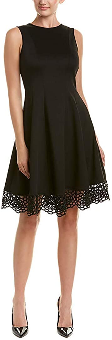 Women's Donna Ricco Round Neck Crochet Hem Fit and Flare Dress, Black, 6P