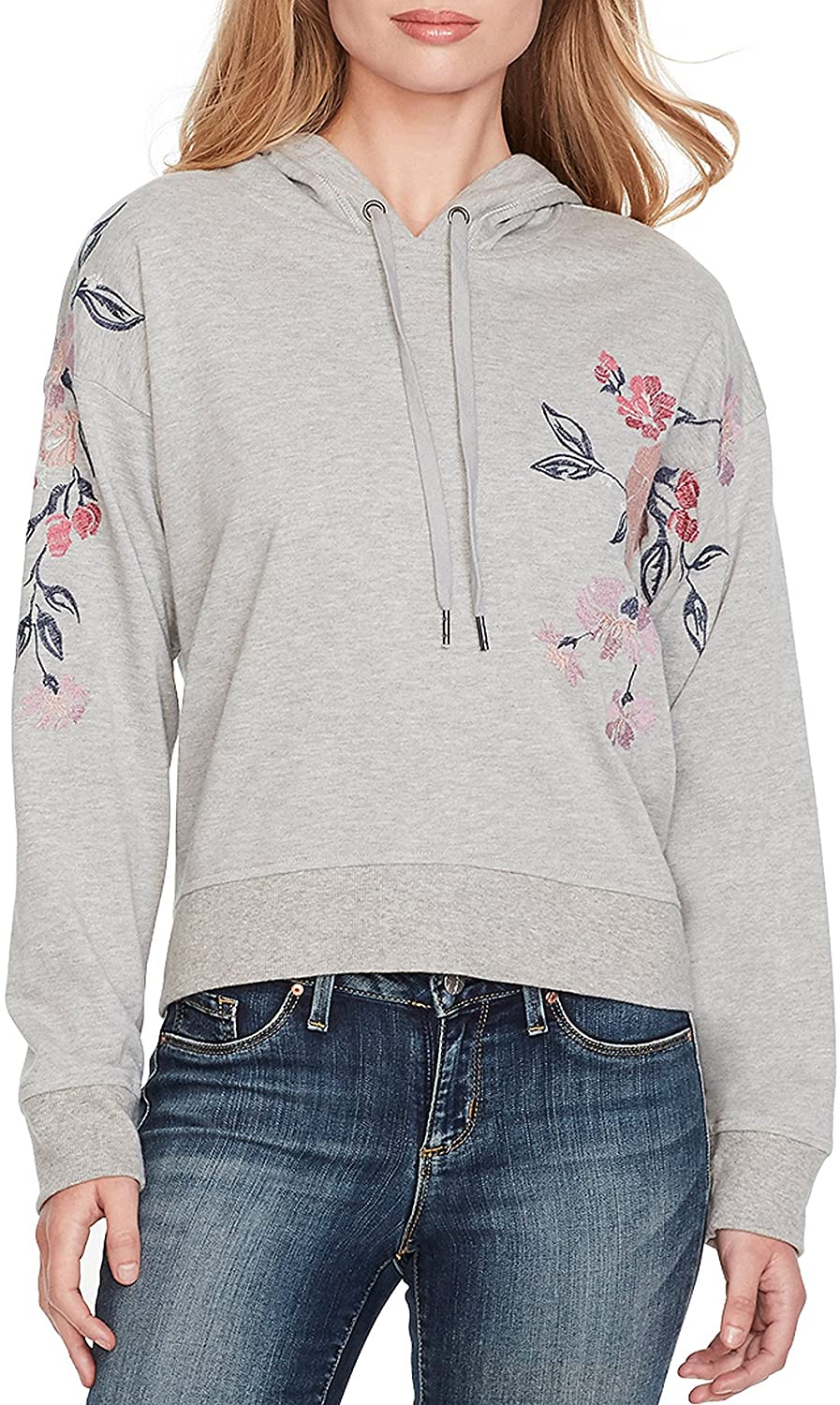 Women's Jessica Simpson Bressa Embroidered Hoodie Sweatshirt Light Heather Gray Large