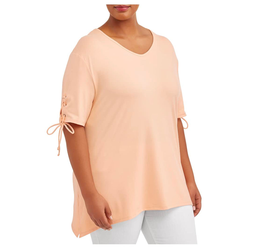 Women's Terra & Sky Apricot Delight Plus Size V-Neck Lace Up Tie Sleeve Top