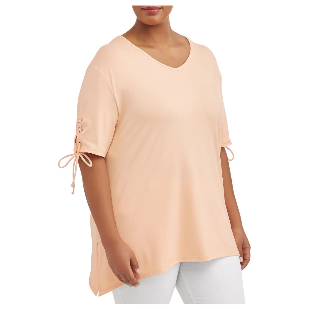 Women's Terra & Sky Apricot Delight Plus Size V-Neck Lace Up Tie Sleeve Top