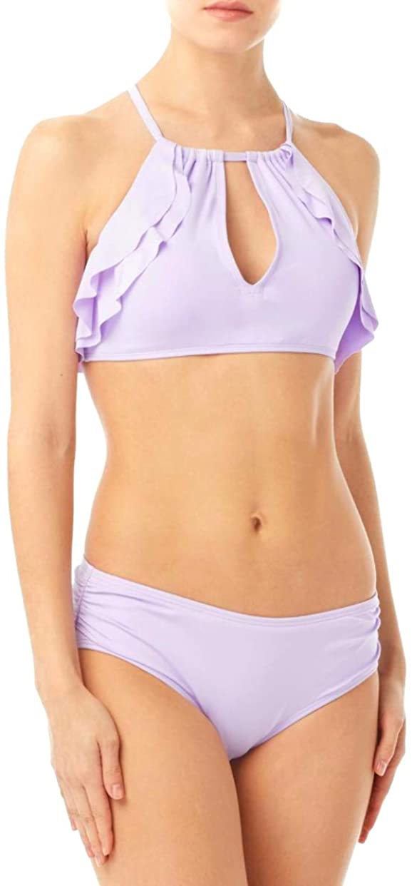 Women's Carmen Marc Valvo High Neck Ruffle Bikini Set Lavender