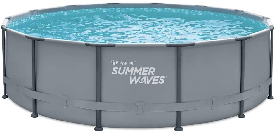 SUMMER WAVES 14ft round 42” deep Elite Frame Grey Swimming Pool with Filter Pump, Cover, and Ladder