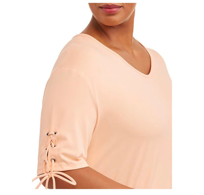 Women's Terra & Sky Apricot Delight Plus Size V-Neck Lace Up Tie Sleeve Top