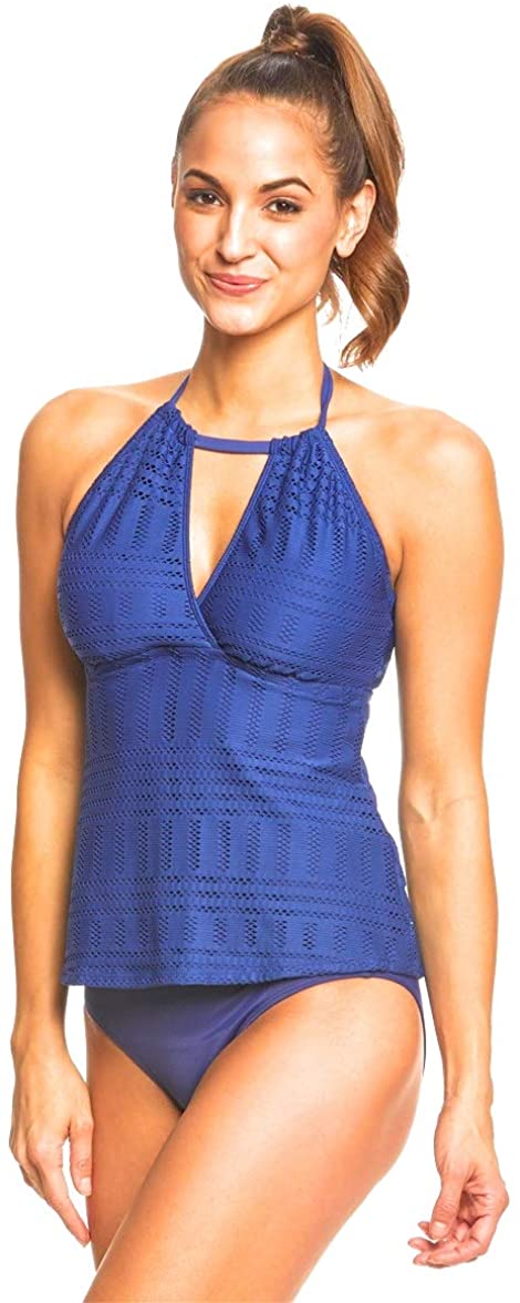 Women's 24th & Ocean Standard High Neck Front Keyhole Halter Tankini Navy Blue Swimsuit Top ~ Small
