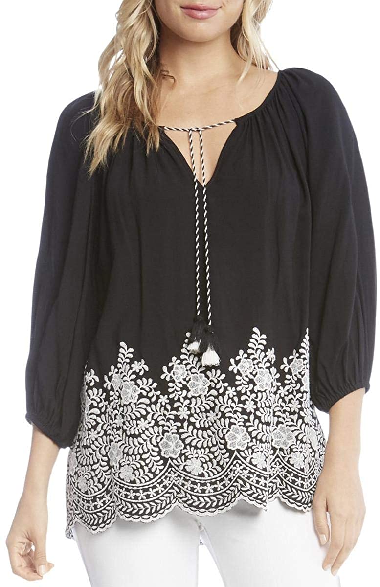 Women's Karen Kane  Embroidered Tassel-tie Top Shirt, Black, XS