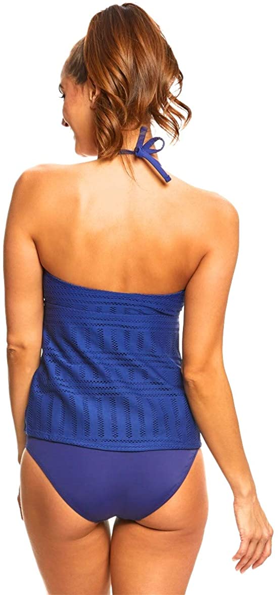 Women's 24th & Ocean Standard High Neck Front Keyhole Halter Tankini Navy Blue Swimsuit Top ~ Small