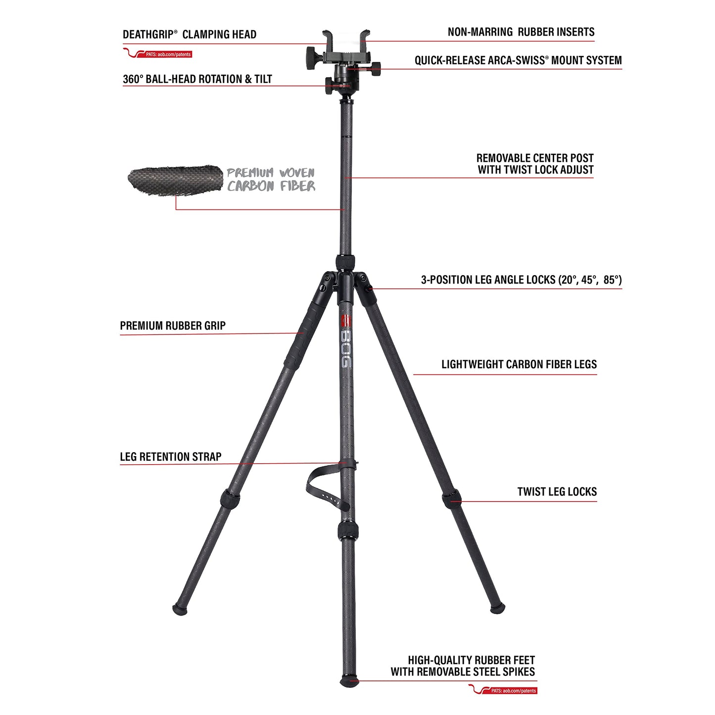 BOG DeathGrip Sherpa Carbon Fiber Tripod with Heavy Duty Construction, 360 Degree Ball Head, Quick-Release Arca-Swiss Mount System, and Optics Plate for Hunting, Shooting, Glassing, and Outdoors,Black