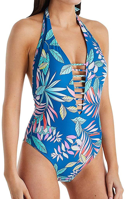 Swim Systems Women's Solana Plunge One Piece Swimsuit with Mesh Inserts Swimwear, Pacific Oasis, Extra Small