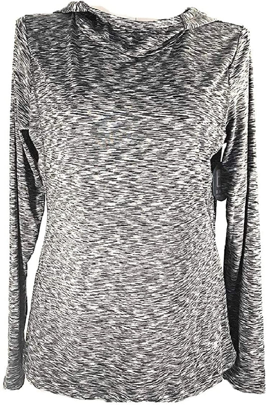 Women's BALLY Total Fitness Long Sleeve Fleece Lined Active Shirt with Thumbholes & Hood - Large - Black Space Dye