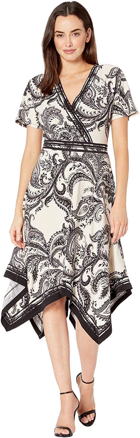 Women's ECI Paisley Printed Short Sleeve Surplus Bodice Hanky Hem Knit Dress Ivory/Black - Large